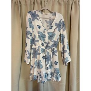 Ocean Drive Blue White Tropical Floral Wrap Dress Bell Sleeve Ruffle Hem M NWT
